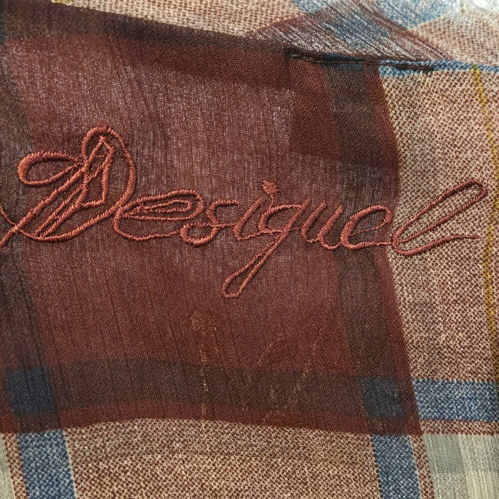 Desigual Empire-Waist Burgundy Plaid Embroidered Fringe Peasant Top Tunic -Sz L - Picture 9 of 15